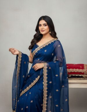 Royal Blue Embroidered Designer Saree
