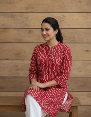 Red Geometric Mandarin Tunic