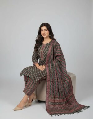 Women's Sage Green & Rust Floral Printed Kurta Set with Trousers and Dupatta