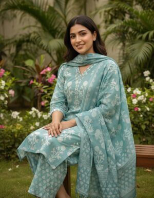 Women's Teal Floral Printed Kurta with Contrast Trousers and Printed Dupatta