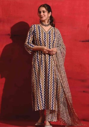 Midnight Bloom: Hand-Block Inspired Kurta, Pant & Dupatta Set