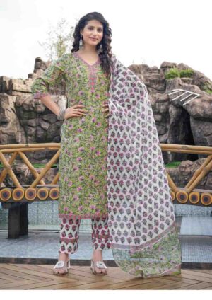 Women's Olive Green & Pink Floral Cotton Kurta Set with Pant and Dupatta