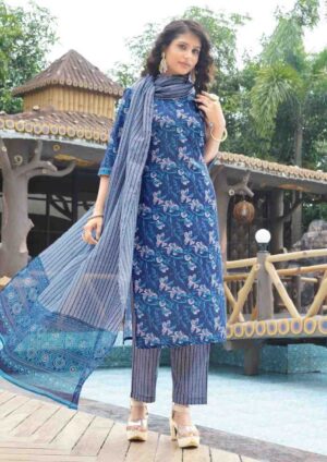 Women's Indigo Blue Floral Printed Kurta Set with Striped Pants and Dupatta