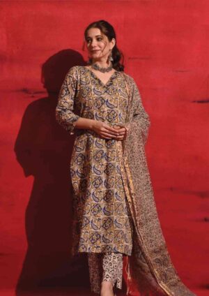 Midnight Bloom: Hand-Block Inspired Kurta, Pant & Dupatta Set