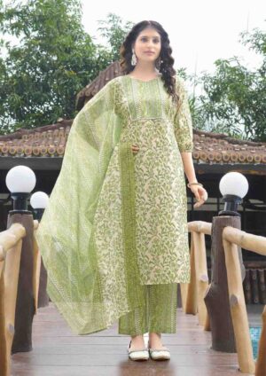 Women's Sage Green Floral Print Kurta Set with Striped Trousers and Matching Dupatta