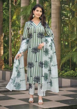 Women’s Green and White Tropical Palm Print Kurta Set with Trousers and Dupatta