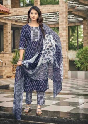 Women's Indigo Blue & White Geometric Print Kurta Set with Chevron Pants