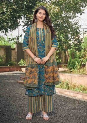 Women's Teal & Ochre Floral Printed Kurta Set with Striped Palazzo and Dupatta
