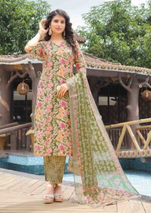 Women's Floral Print Kurta Set with Trousers and Matching Dupatta