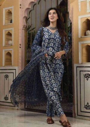 Midnight Bloom: Hand-Block Inspired Kurta, Pant & Dupatta Set
