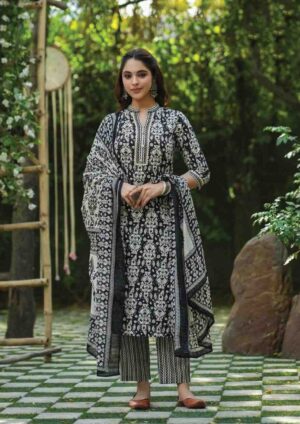 Midnight Bloom: Hand-Block Inspired Kurta, Pant & Dupatta Set