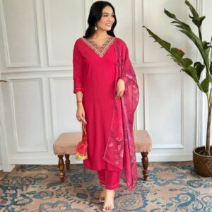 Elegant Rani Pink Embroidered Kurta Set with Floral Organza Dupatta