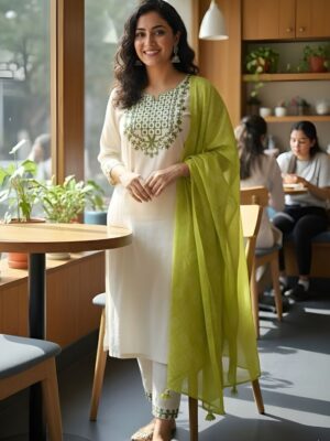 Fresh Lime & Cream Embroidered Salwar Suite