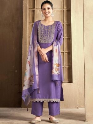 Royal Lavender Embroidered Kurta Set with Floral Organza Dupatta