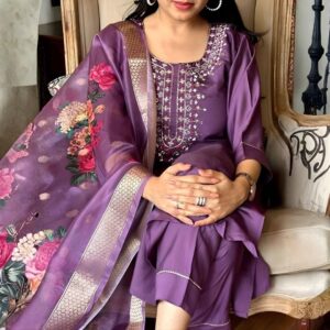 Regal Plum Embroidered Silk Suit with Floral Organza Dupatta