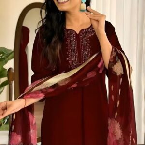 Deep Maroon Embroidered Silk Suit with Floral Organza Dupatta