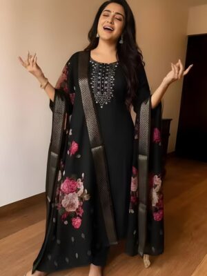 Midnight Black Silk Anarkali with Floral Organza Dupatta
