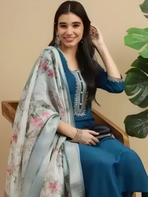 Teal Blue Silk Suit with Floral Organza Dupatta