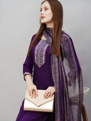 Royal Purple Embroidered Silk Suit with Geometric Print Dupatta