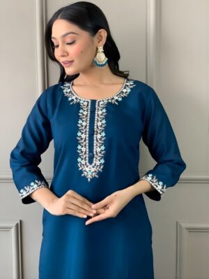 Radiant Teal Silk Suit with Floral Embroidery and Organza Dupatta