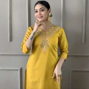 Mustard Yellow Silk Kurta with Intricate Paisley Embroidery