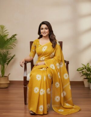 Mustard Yellow Cotton Silk Saree with White Daisy Floral Print