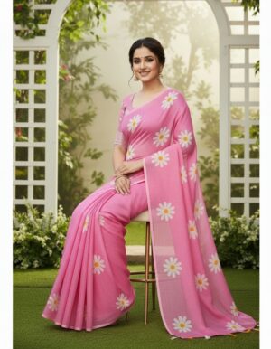 Candy Pink Cotton Silk Saree with White Daisy Floral Print