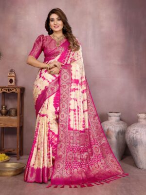 Cream Silk Saree with Red Tie-Dye Patterns