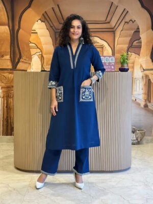 Indigo Blue Cotton Kurta Set with Embroidered Pockets and V-Neckline