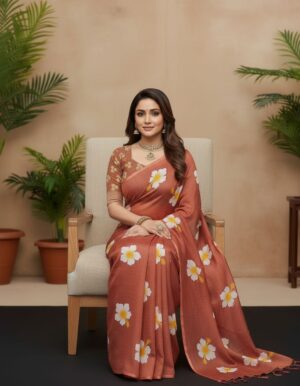 Rust Brown Floral Blossom Saree