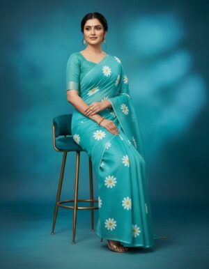 Aqua Blue Cotton Silk Saree with White Daisy Floral Print