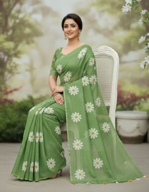 Leaf Green Floral Saree with Zari Accents