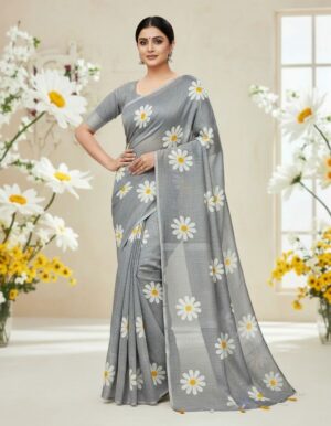Grey Cotton Silk Saree with White Daisy Floral Print