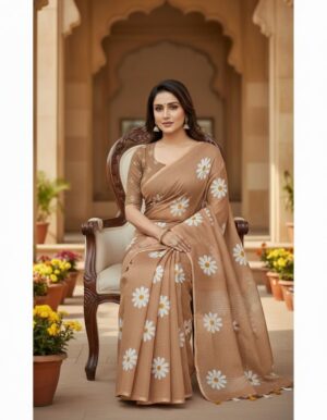 Sand Beige Cotton Silk Saree with White Daisy Floral Print