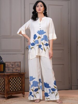 Swanari Fashion Floral Print High-Low Tunic and Wide-Leg Palazzo Co-ord Set