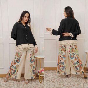 Women's Vibrant Solid Shirt with Graphic Print Wide-Leg co-ord set