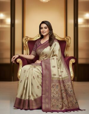 Elegant Cream & Wine Silk Saree with Kalamkari Pallu