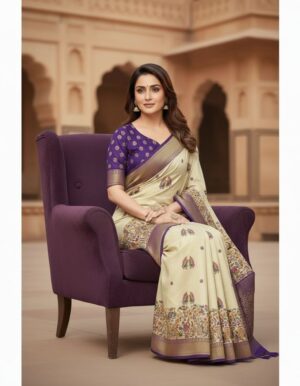 Cream & Purple Silk Saree with Floral Kalamkari Border