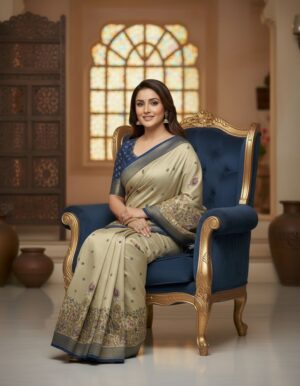 Swanari Fashion Sage Green Silk Saree with Navy Blue Kalamkari Border