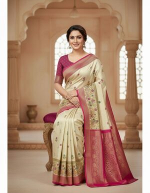Swanari Fashion Cream Silk Saree with Rani Pink Kalamkari Border
