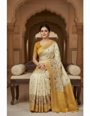 Swanari Fashion Off-White Silk Saree with Mustard Kalamkari Border