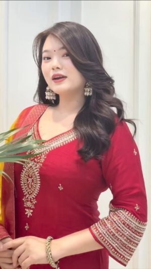 Swanari Fashion Crimson Radiance Embroidered Salwar Suite with Bandhani Dupatta