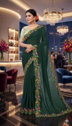 Swanari Fashion Emerald Forest Embroidered Georgette Saree
