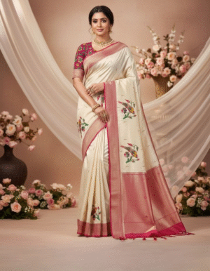 Ethereal Cream Silk Saree with Vibrant Bird Motifs and Zari Borders