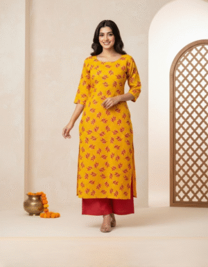 Golden Mustard Leaf Print Kurta with Crimson Palazzo Set