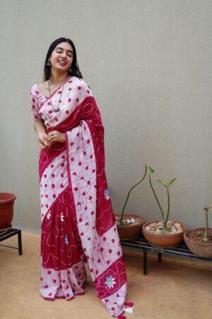 Swanari Fashion Magenta & Blush Batik Mul Cotton Saree