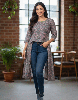 Slate Grey Floral High-Low Fusion Tunic