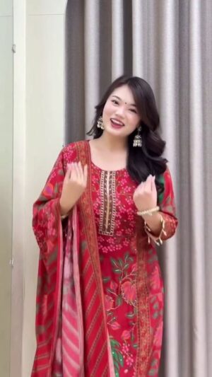 Vibrant Crimson Floral Print Anarkali Suit with Striped Dupatta