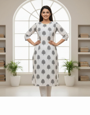 Ivory & Charcoal Tree Motif Straight Kurta Set