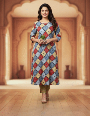 Multicolor Geometric Diamond Print A-Line Kurta Set
